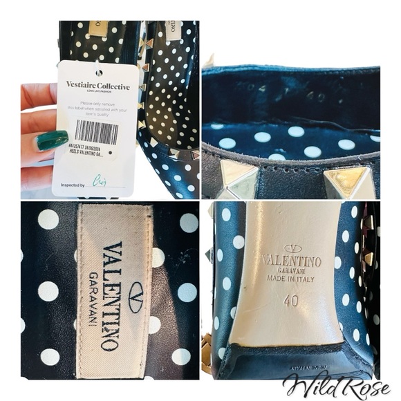 VALENTINO GARAVANI BLACK & WHITE POLKADOT ROCKSTUD POINTY TOE HEELS SZ 40 - Picture 17 of 17